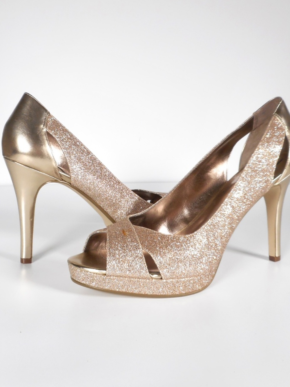 Alfani Fairfax 11 M Gold Glitter Platform Peep Toe Heels Sparkly Formal Evening